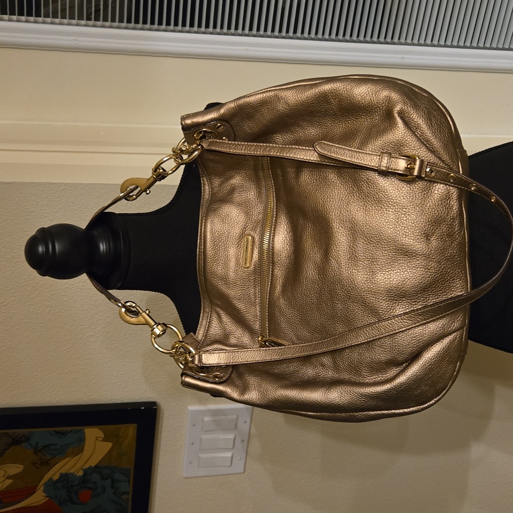 REBECCA MINKOFF Bronze Leather Studded Hobo Handbag Shoulderbag Detachabl Straps - Picture 2 of 16